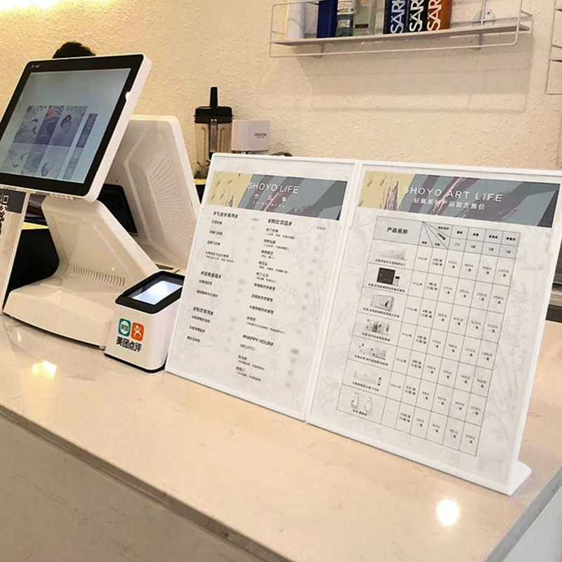 아크릴 패널 메뉴 디스플레이 랙 L자형 수직 테이블 카드 홀더 (A4, A5, A6 용) 고급 와인 접시 카탈로그 메뉴 표시 가격표