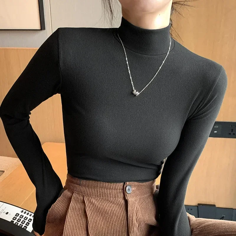 Women Autumn Half Turtleneck Sweater Ribbed Long Sleeve Knitted Basic Solid Pullover Sweater Female Winter Soft Slim Jumpers Top