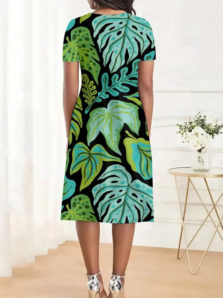 

Tropical Leaf Print Short Sleeve Midi Dress For Women Casual Summer Beach Party Outfit