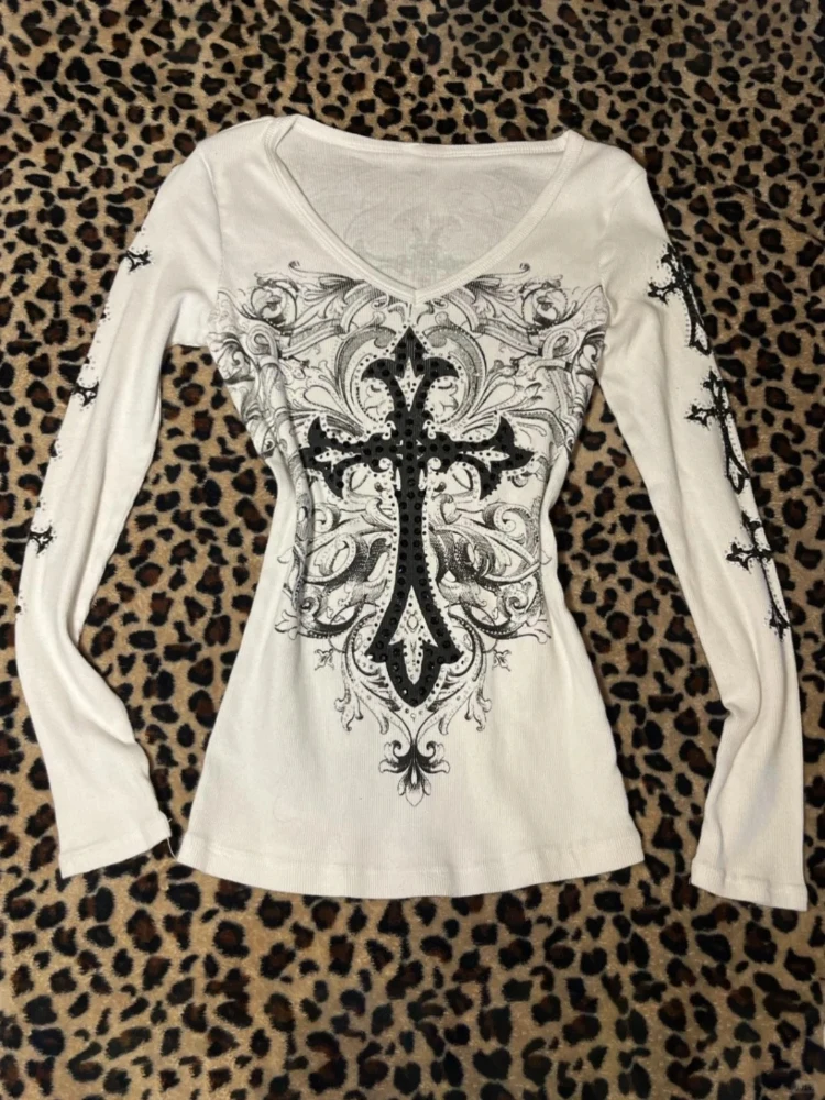 Harajuku винтажные футболки с крестообразным принтом уличная одежда белые Y2k эстетические свободные сексуальные футболки женские осенние топы в стиле гранж с бриллиантами Harajuku винтажные футболки с крестообразным принтом уличная одежда белые Y2k эстетические свободные сексуальные футболки женские осенние топы в стиле гранж с бриллиантами