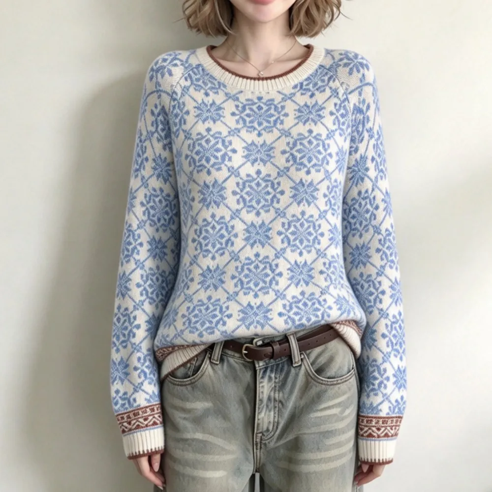 Autumn Women Vintage Fair Isle Sweater Loose Crew Neck Jacquard Knit Pullover Sweater Long Sleeve Knitwear Loose Jumper Tops