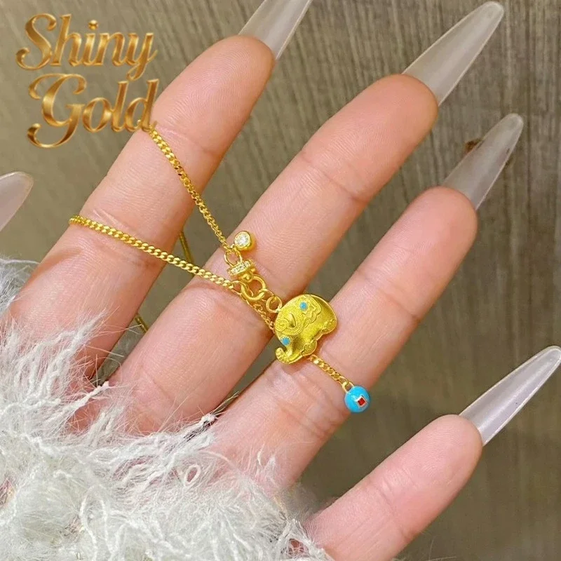 ShinyGold Dundu Elephant Running Ring 9999 Set of Chain Imitation Turquoise Pendant  for Women Niche Light Luxury 24K Real Gold