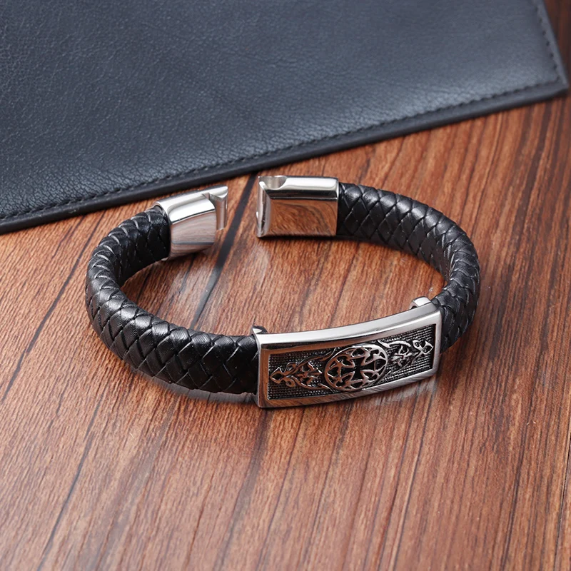 Black Color Cross Pattern Alloy Buckle Genuine Leather Bracelet For Men Stainless Steel Fine Jewelry Sculpture Bracelet