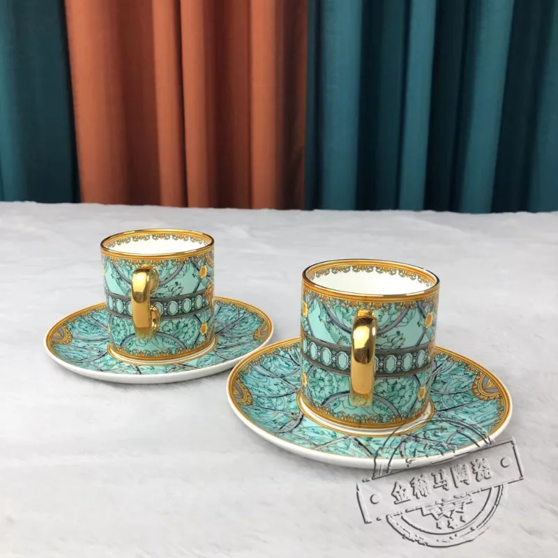 New trendy gold edged tableware, coffee cup, hotel model room dining table, steak, Western cuisine, couple coffee cup, plate