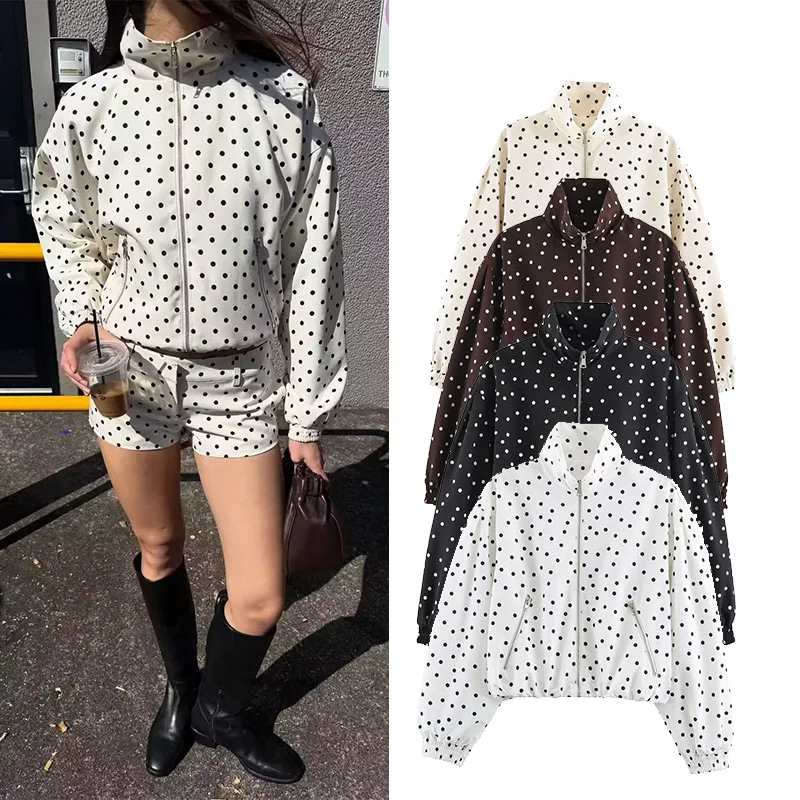 Women's Polka Dot Jacket New 2026 Summer Casual Stand Neck Long Sleeve Women Zipper Jacket Casual Feamle Chic Coat Tops