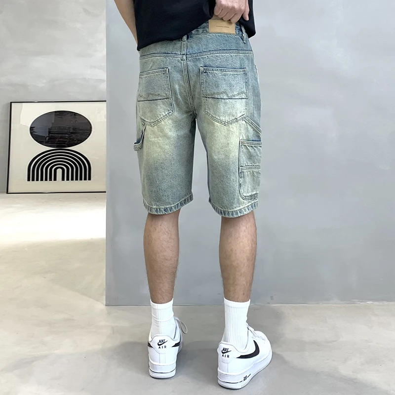 Tooling Style Denim Shorts Men's Summer Loose Straight Retro High-End Trendy Fashion Joker Casual Distressed Cropped Pants