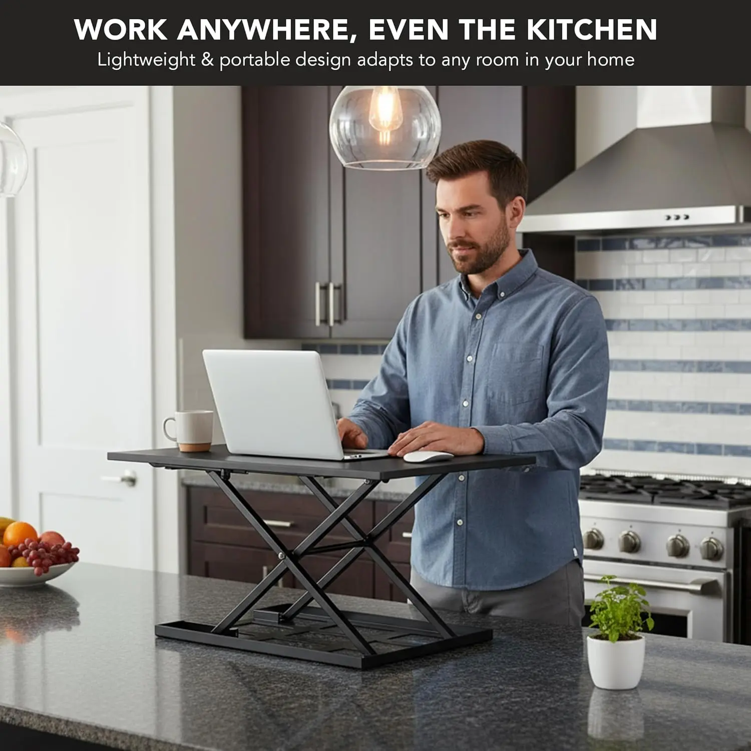 محول مكتب قائم، ارتفاع قابل للتعديل مع زنبرك غاز، منصة سطح مكتب رفيعة مريحة، مجمعة مسبقًا، أسود