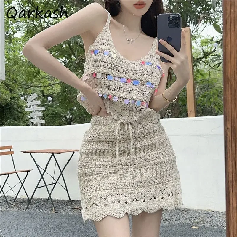 

Bohemian Style Women Dress Sets Holiday Hollow Out Sleeveless Summer Harajuku Breathable Prevalent Vitality American Drawstring