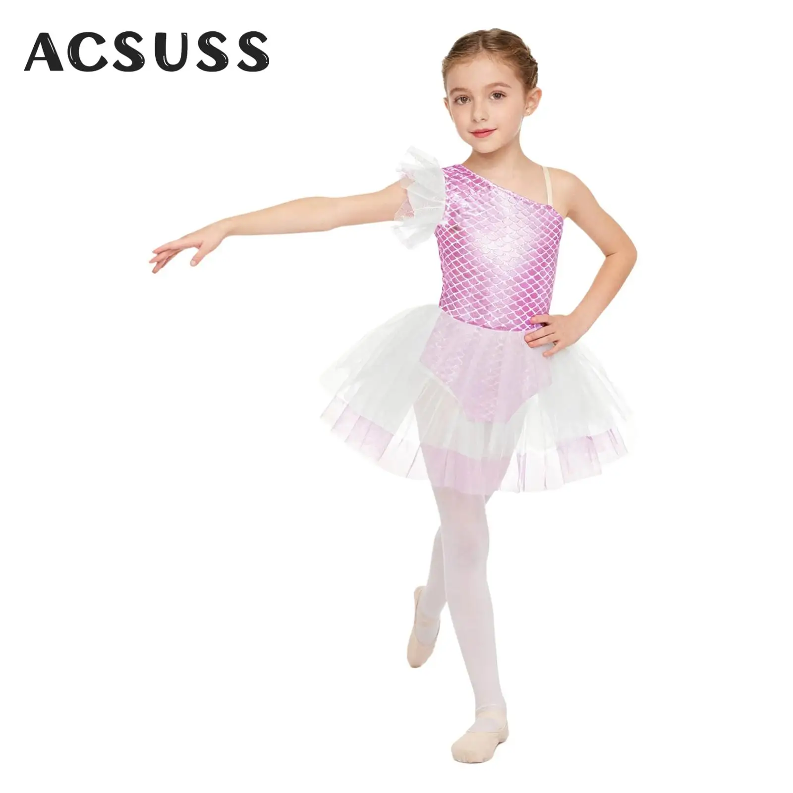 

Купальники для балета и танцев для девочек, танцевальная одежда для балерины русалки на одно плечо, платье-пачка с принтом рыбьей чешуи, гимнастическое платье-пачка для фигурного катания