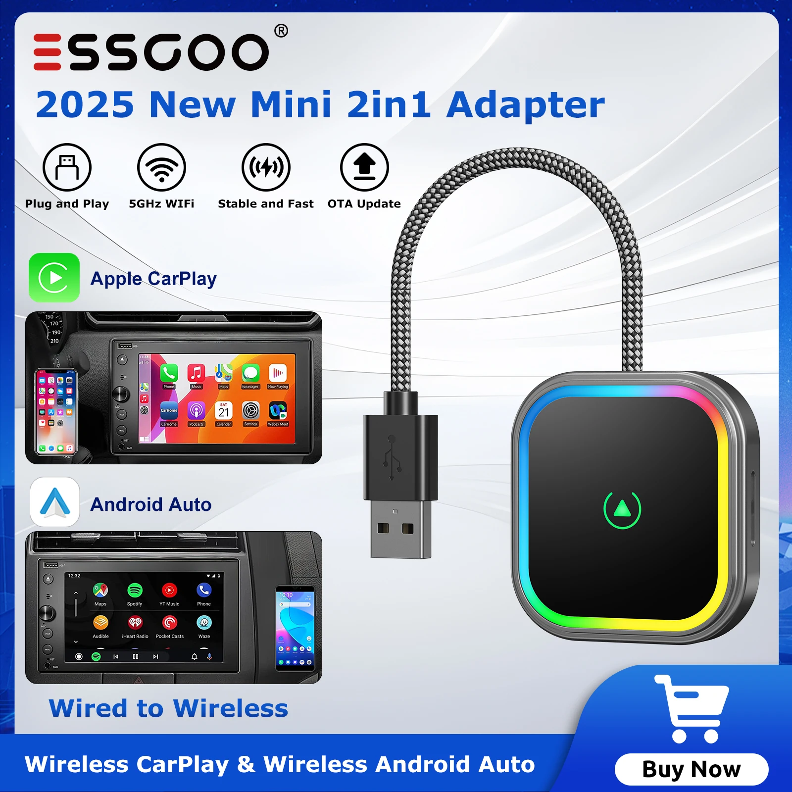 ESSGOO 2-in-1 Kabelloser CarPlay Android Auto Adapter Universeller Auto-Dongle Box Plug & Play WLAN BT Automatische Verbindung USB Typ-C