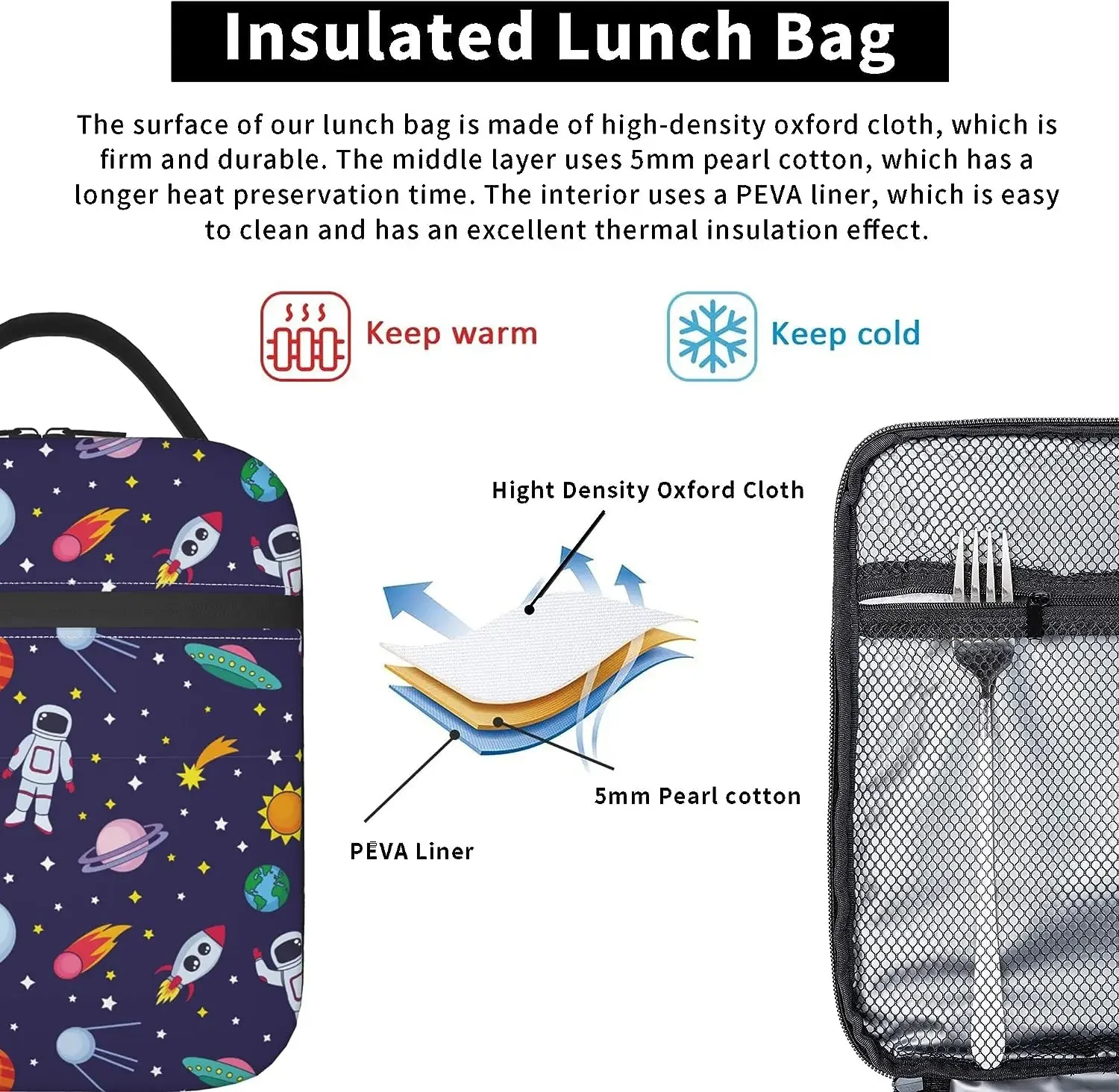 Astronauts Space Thermal Lunch Box for Boys Girls Women Insulated Bento Tote Bag Portable Reusable Lunch Bag for Picnic Beach