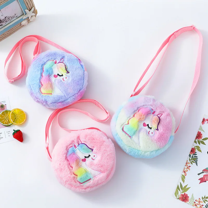 Kawaii Unicorn Bag For Girls Plush Shoulder Bag Children Crossbody Bags Mini Round Messenger Bag Kid Keys Coin Purse Small Pouch blue series 43cm rebirth doll mini umbrella glasses swimsuit 18 inch diy toy gift giraffe unicorn printed rebirth accessories