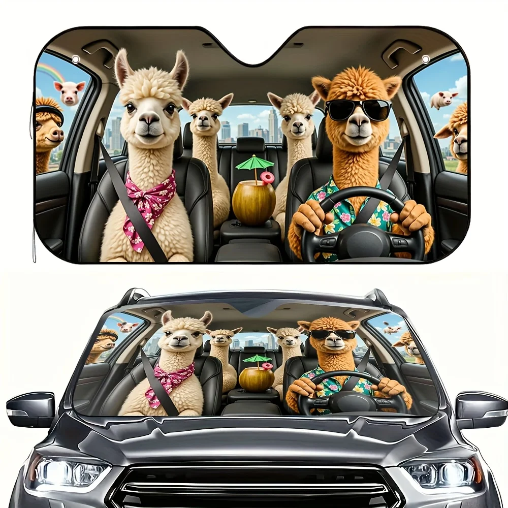 

1pc Alpaca Road Trip Print Car Sunshade - High-Quality Polyester, Foldable & Easy to Install, 4 Suction Cups