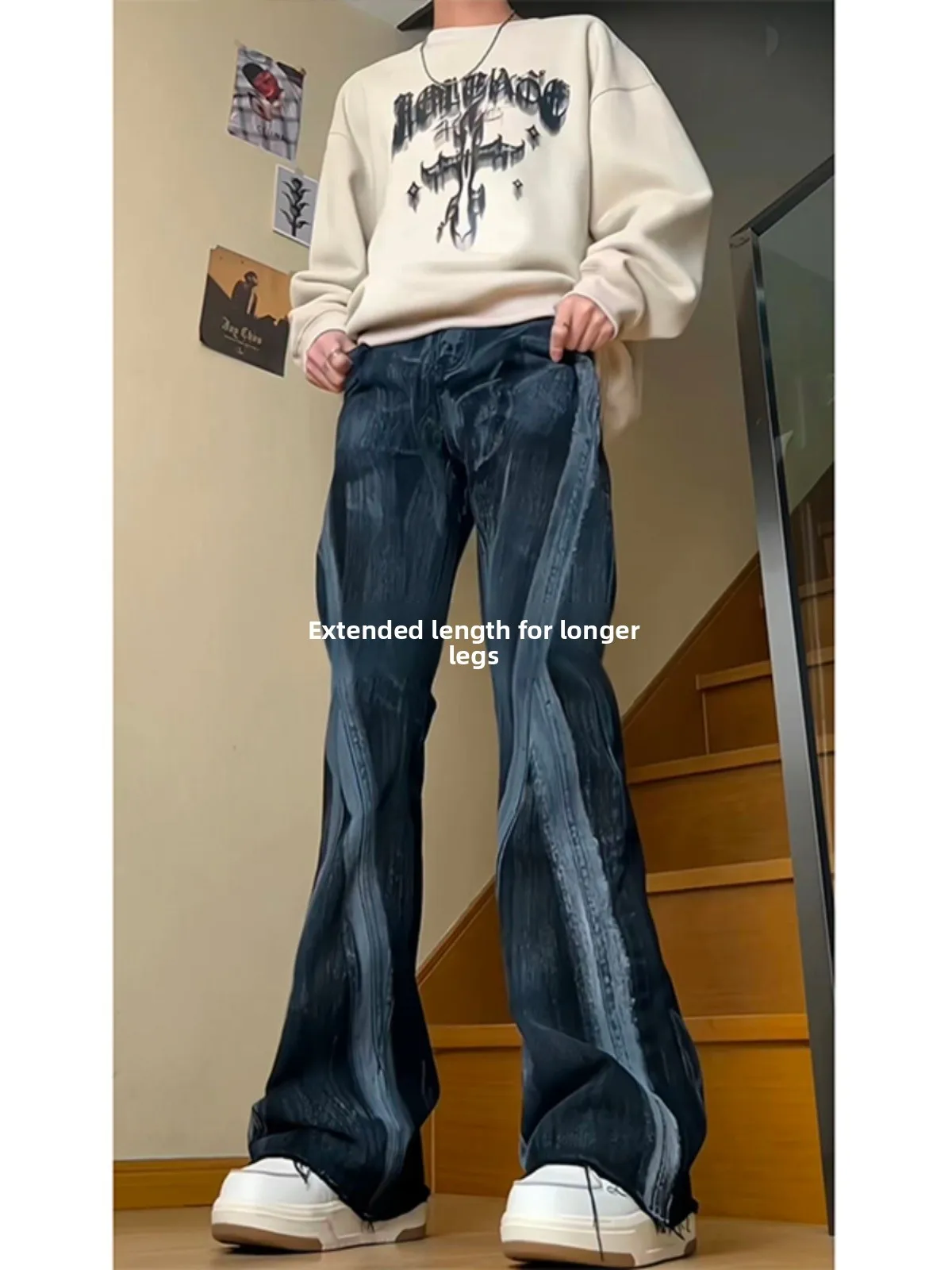 

Джинсы прямого кроя удлиненные мужские, стройнящие, в стиле американского стритстайла, модные, с расклешенным низом, осенняя коллекция