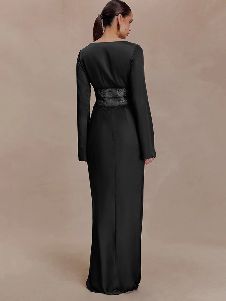 Sibybo – robe Maxi en Satin et dentelle pour femmes, décolleté en V profond, Patchwork, Sexy, manches longues, transparente, moulante, tenue de mariage, robes de soirée élégantes