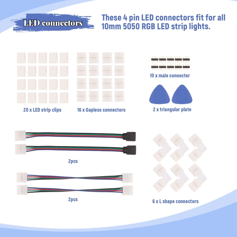 LED 스트립 커넥터, 5050 SMD 갭리스 커넥터용, L자형 커넥터, 4 핀, 10mm 솔더리스 RGB 라이트 스트립 커넥터