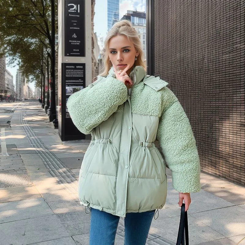 Women\'s Zipper Loose Fashion Cotton Coat Autumn Winter Women\'s Hooded Parkas new Solid Color Drawstring Button Jacket