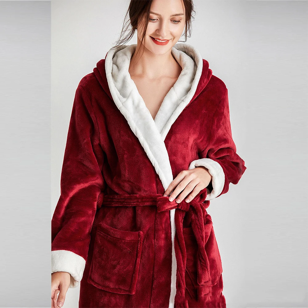 Thickened Flannel Female Hooded Robe Nightwear Winter Warm Sleepwear Nightgown Coral Fleece Bathrobe Gown Loose Casual Home Wear