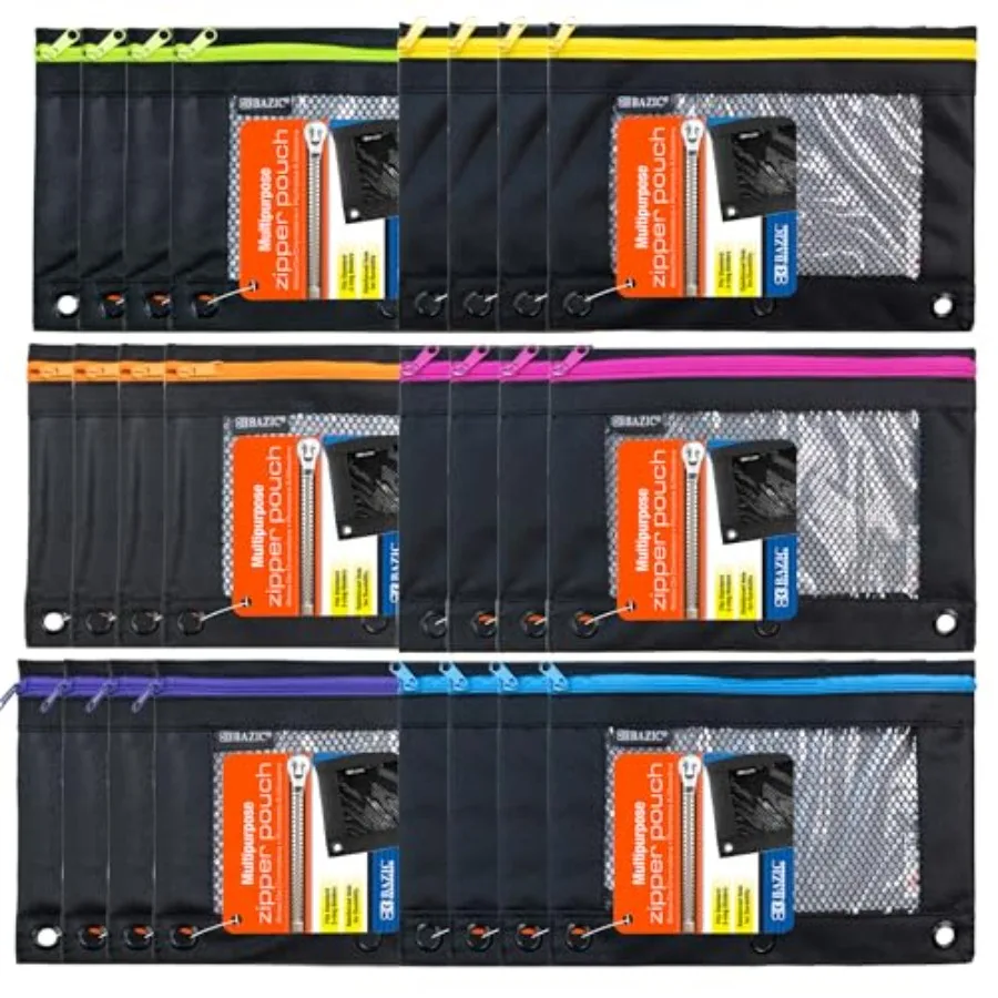 

Pencil Pouch 3 Ring Binder Pouch w/Rivet Enforced Rings Holes, Neon Black Color Mesh Window Zipper Pouches