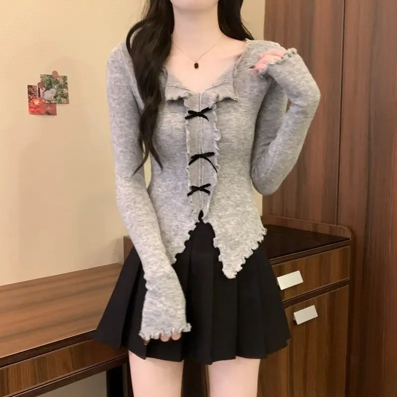 Spring Fall Women V Neck Knitted Slim Irregular Beige Grey Bow Ruffles Knitted Top Shirt ,  Woman Knitting Tops Shirts