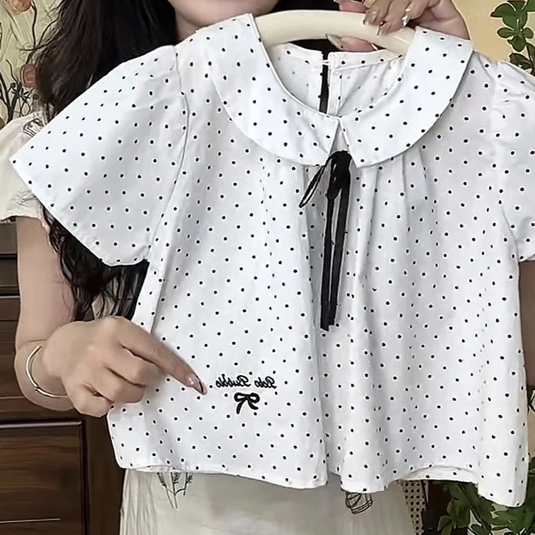 

2025 Summer New Children Clothing for Girls Children Turn-down Collar Top for Girls Casual Short Sleeved Polka Dot T-shirt