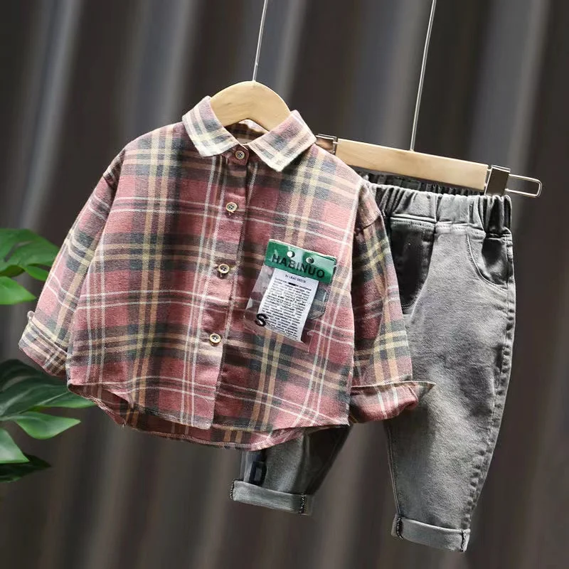 Children\'s Spring and Autumn Set 2024 New Boys\' Fashionable Children\'s Checkered Shirt and Jeans Two Piece Set Kids Outfits