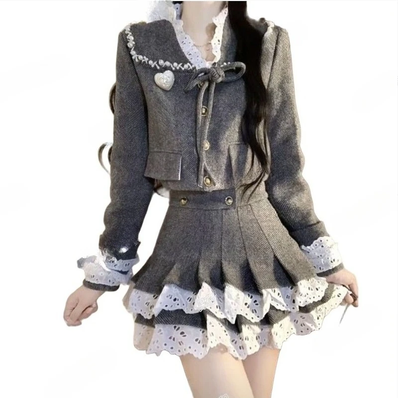 French  Xiaoxiangfeng Fashion Temperament Design Sense Lace Splicing Short Jacket High Waist Short Skirt Autumn and Winter Suit