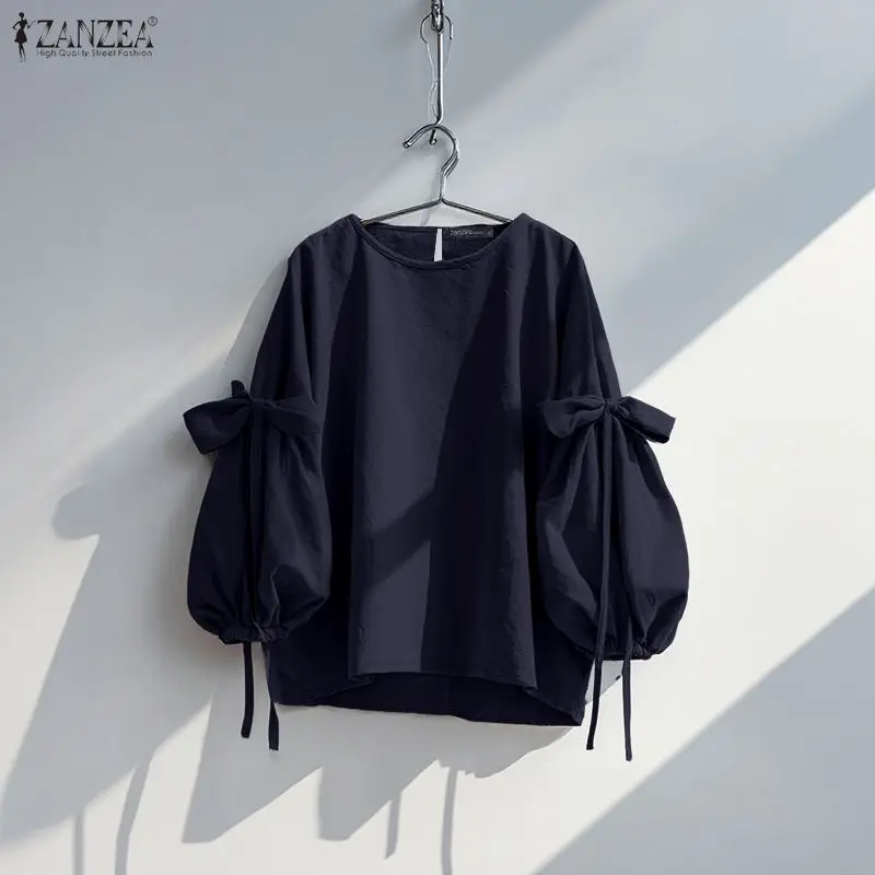 ZANZEA Women Long Sleeve Blouse Autumn Spring Bow Shirts Fashion Casual Solid Loose Tunic Tops Streetwear Blusas Femininas