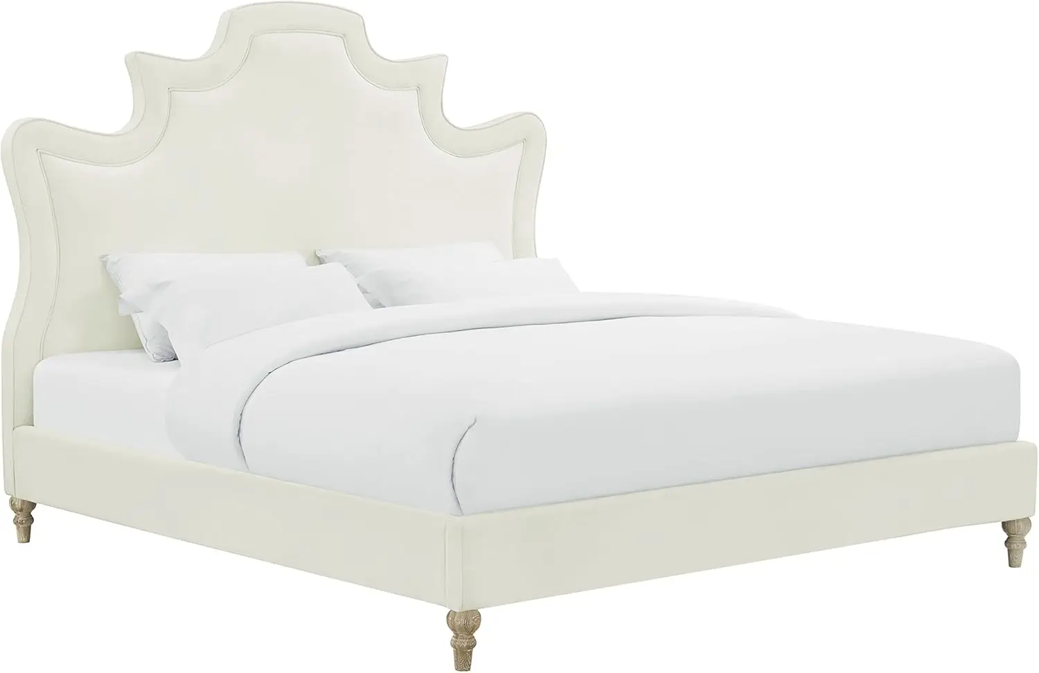 The Serenity Collection Modern Handcrafted Velvet Fabric Upholstered Solid Kiln Dried Wood Queen Bed, Queen Size, Cream