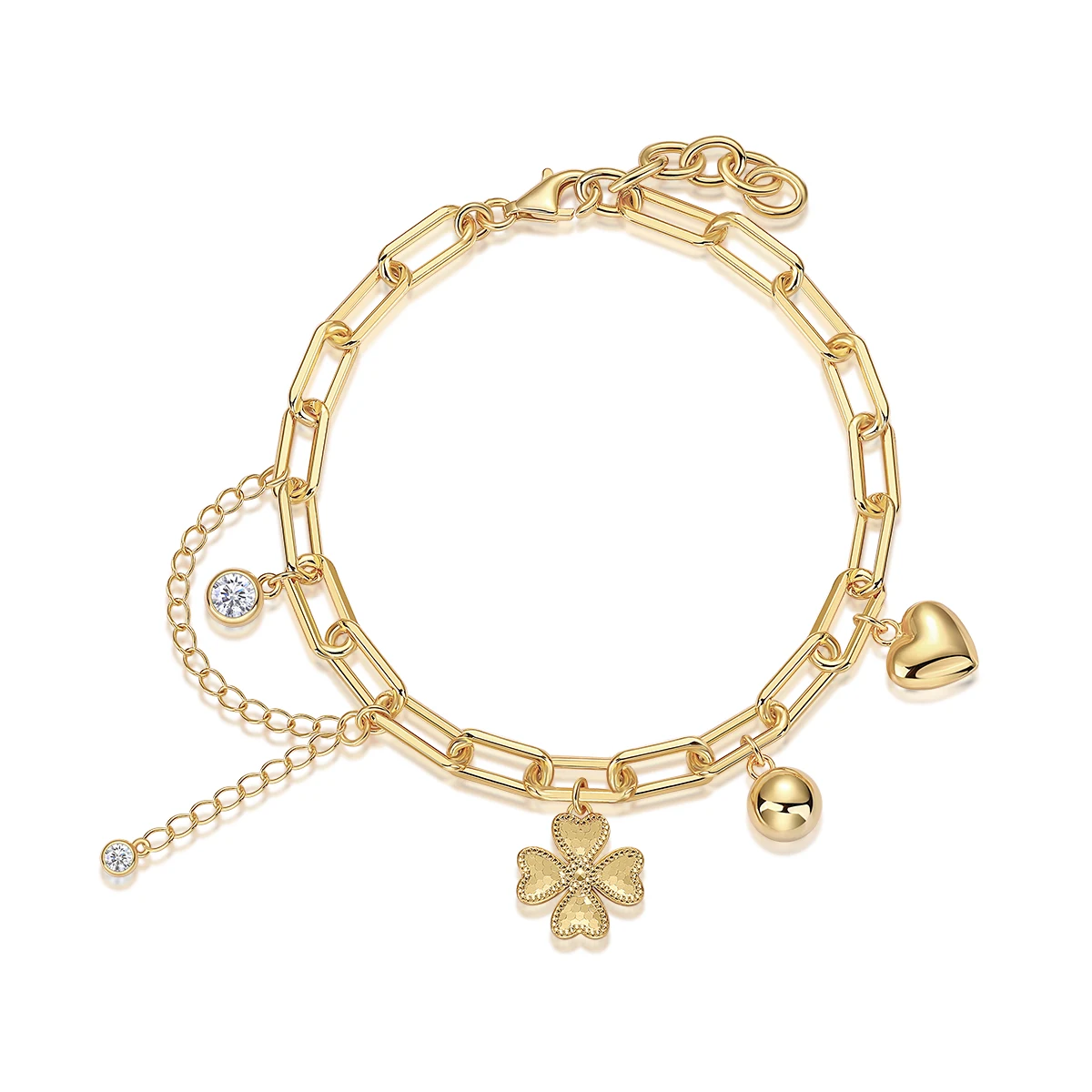 

Lucky Twin Charm Gold Plated Paperclip Chain Bracelet, "Love & Clover" Adjustable Light Luxury Daily Stackable Jewelry Gift