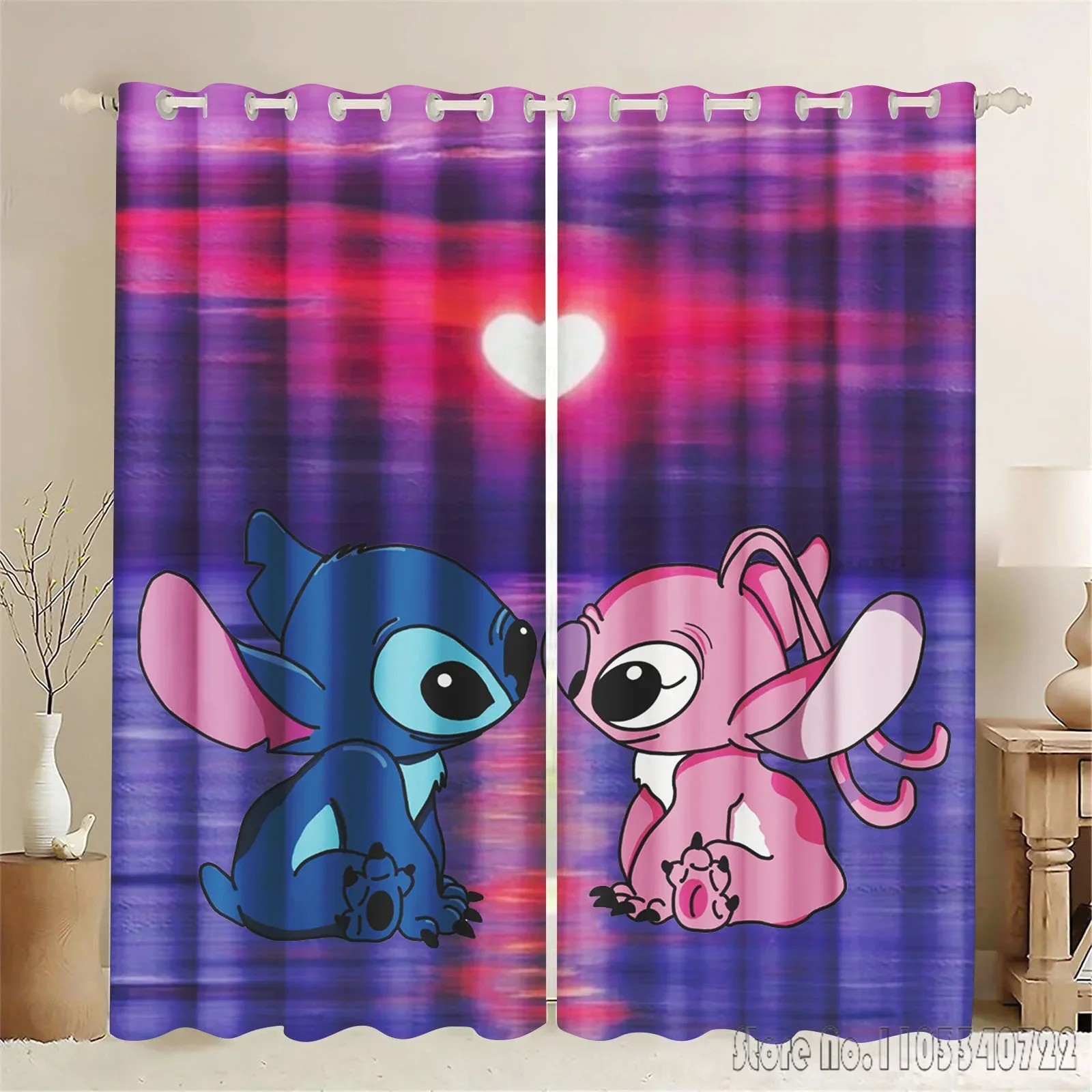 Disney Stitch Lilo Angel Cartoon Window Curtain 3D Print Blackout Curtains Living Room Bedroom Decor Kids Gift