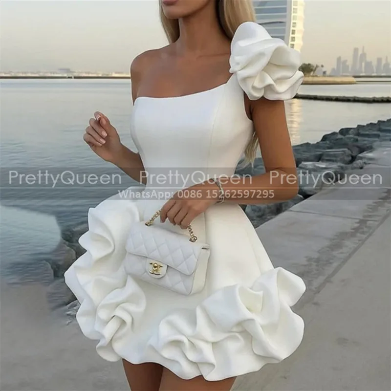 White Short Bridesmaid Dresses Puffy A Line Ruffles One Shoulder Customized Sleeveless Mini Wedding Party Dress