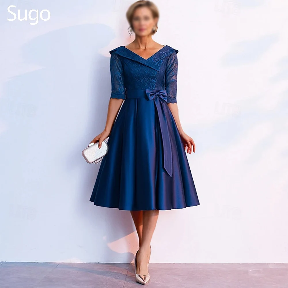

Customized Elegant Midi Mother of the Bride Dresses Lace Satin V-Neck Tea-Length A-Line Wedding Guest Party Groom Dress 2025