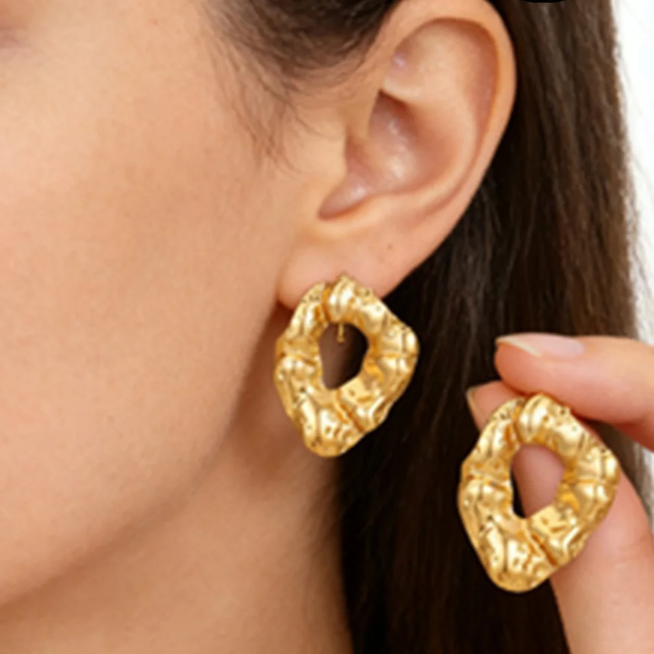 Stainless Steel Irregular Pleated Earrings For Women Metal Earing Jewelry 2026 Trending Vintage Exaggerated Gold Color Earrings