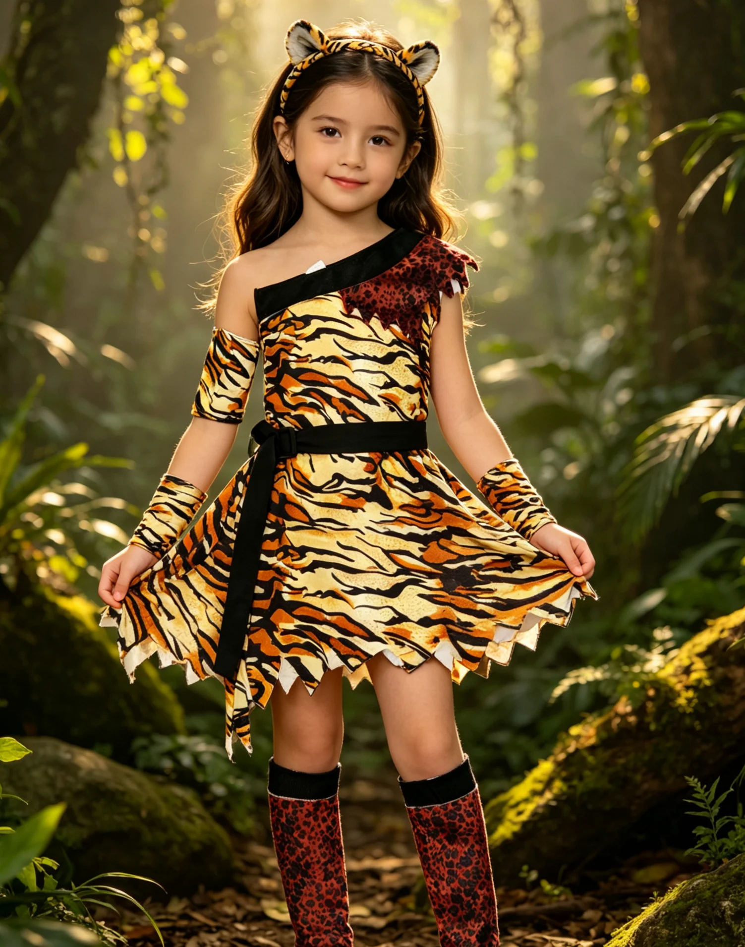Children's Primitive Themed Costume, Tiger Print Dress with Headband and Wristbands