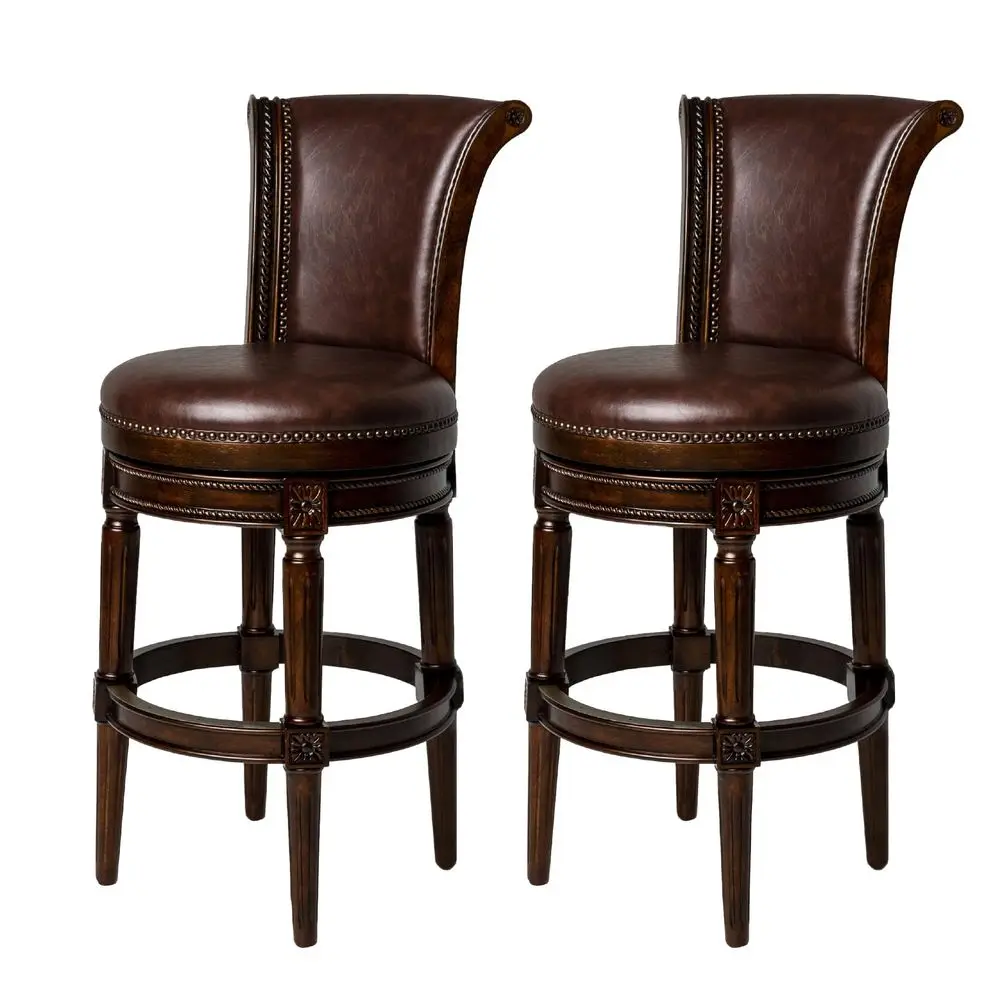

Pullman Bar Stool 31 Inches Set of 2 Swivel Stools with Footrest Dark Brown Solid Wood Frame amp Brown Faux Leather Upholstery