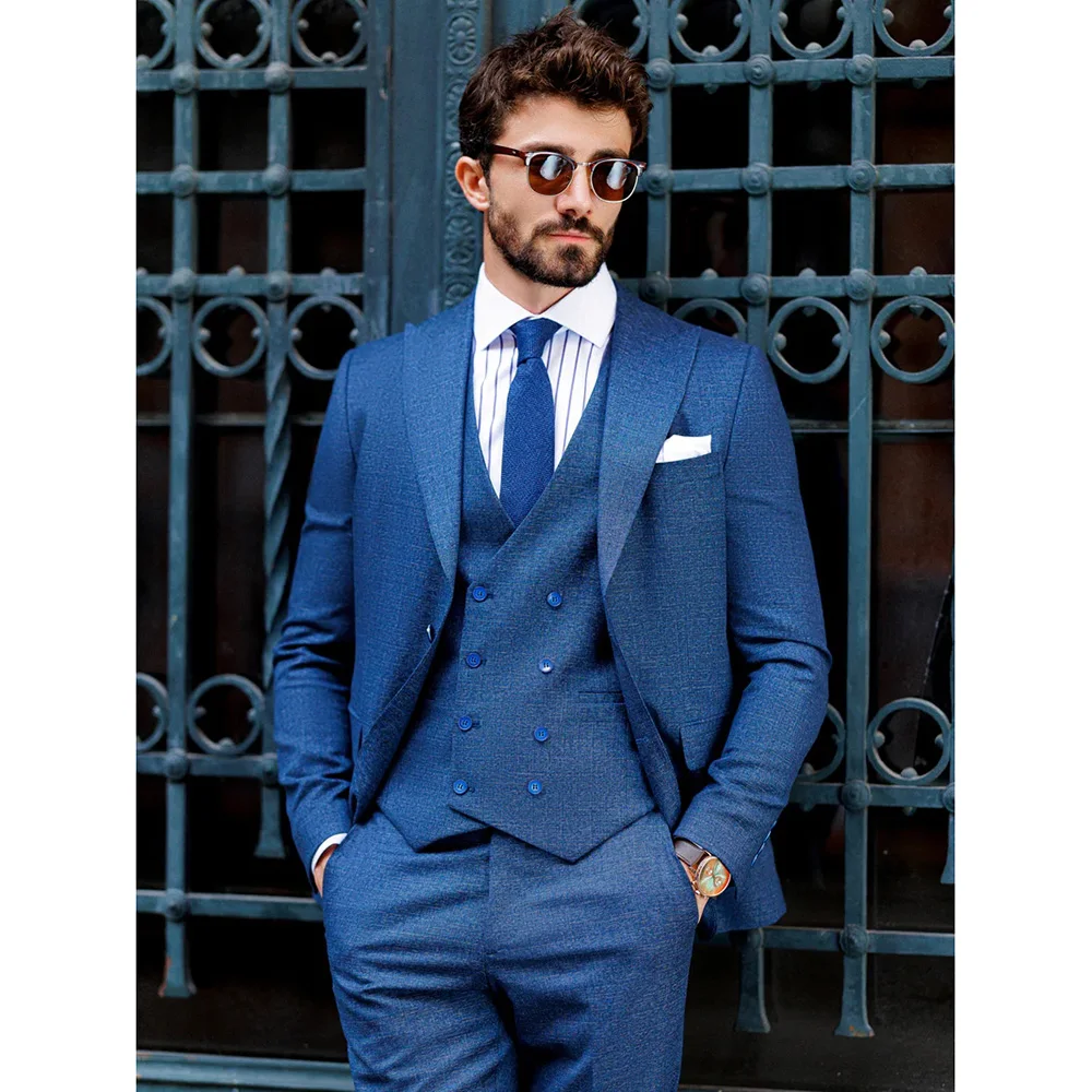 

Single Breasted Peak Lapel Men Suits Blue Formal Flat 3 Piece Jacket Pants Vest Set Luxury Wedding Groom Outfits Blazer Terno