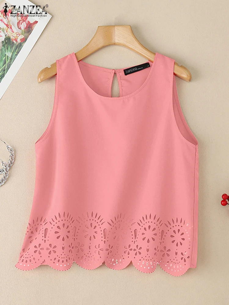 

2025 ZANZEA Summer Hollow Out Camis Sleeveless Tanks Tops Women Stylish O Neck Holiday Shirt Elegant Work Blusas Fmeale Vests