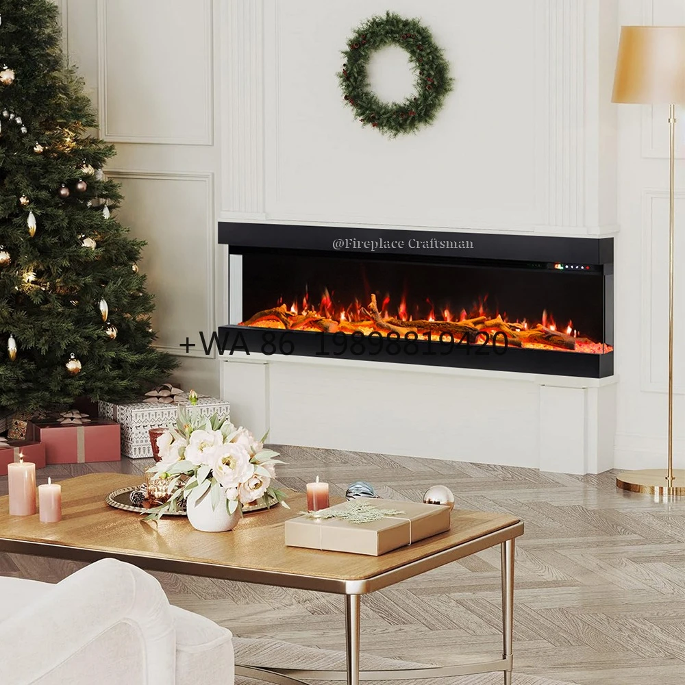 

Голографический 3-сторонний стеклянный линейный цифровой электрический камин-обогреватель для медиа-стены, настенный декоративный LED-камин