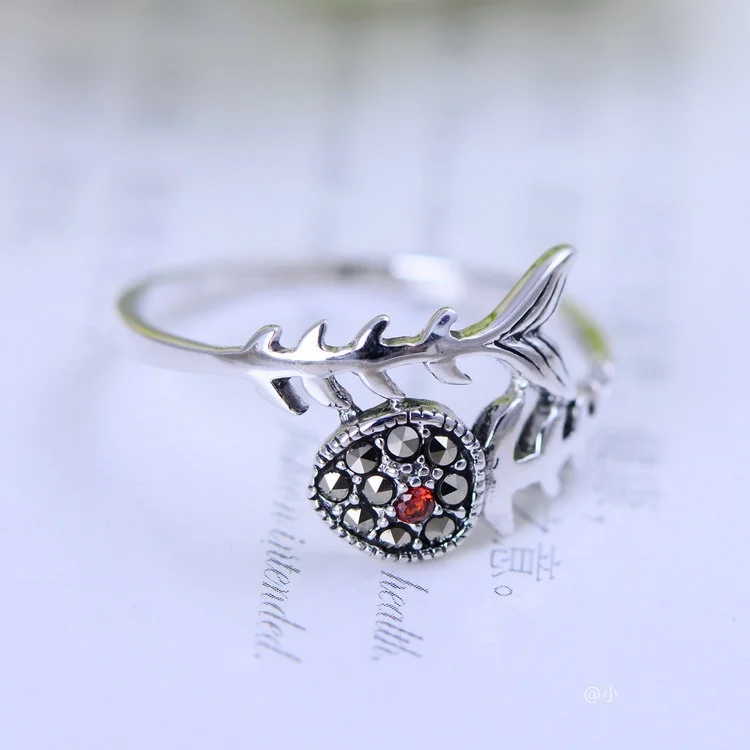 S925 Sterling Silver Jewelry Vintage Creative Personality Cute Fishbone Ring Women's Holiday Gift