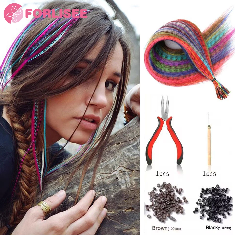 Leopard Pattern Feather Hair Extension 10Pieces Fake Hair I Tip Rainbow Synthetic Hair 16inch Hairpiece Feather for Hair Extensi