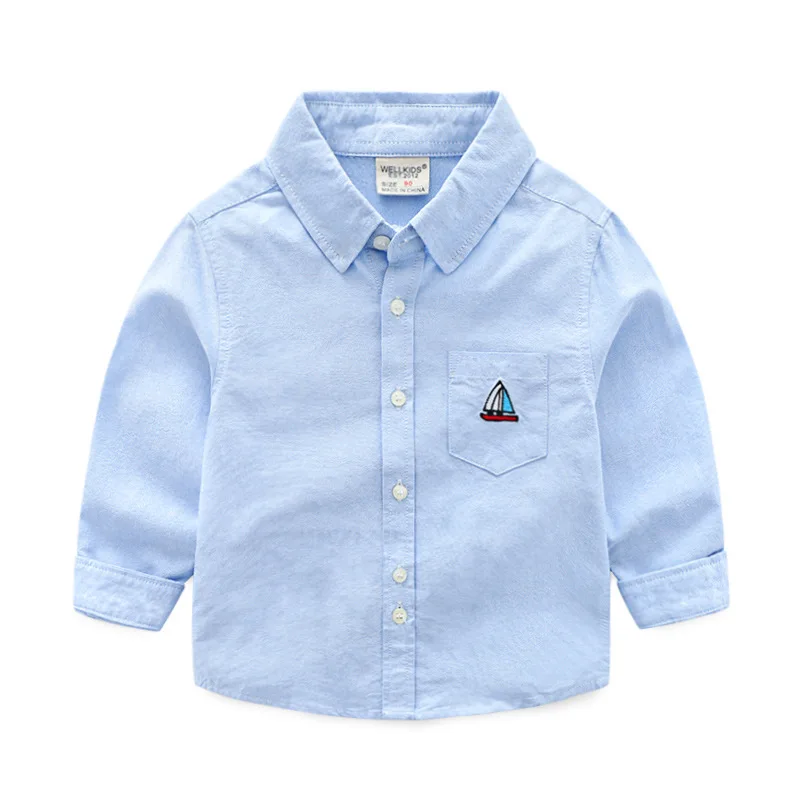 Spring Autumn Boys' Long Sleeve Casual Cotton Striped Shirt with Embroidered Sailboat Kids Loose Stylish Shirts Top, Ages 3-8