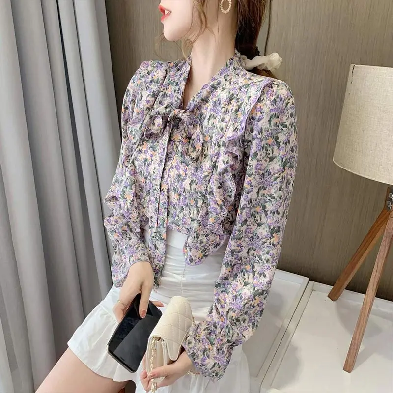 Fashion Floral Loose Blouses For Women Long Sleeve Top Chiffon Shirt Button Bow Tie Collar Printed Blouses Woman Tops