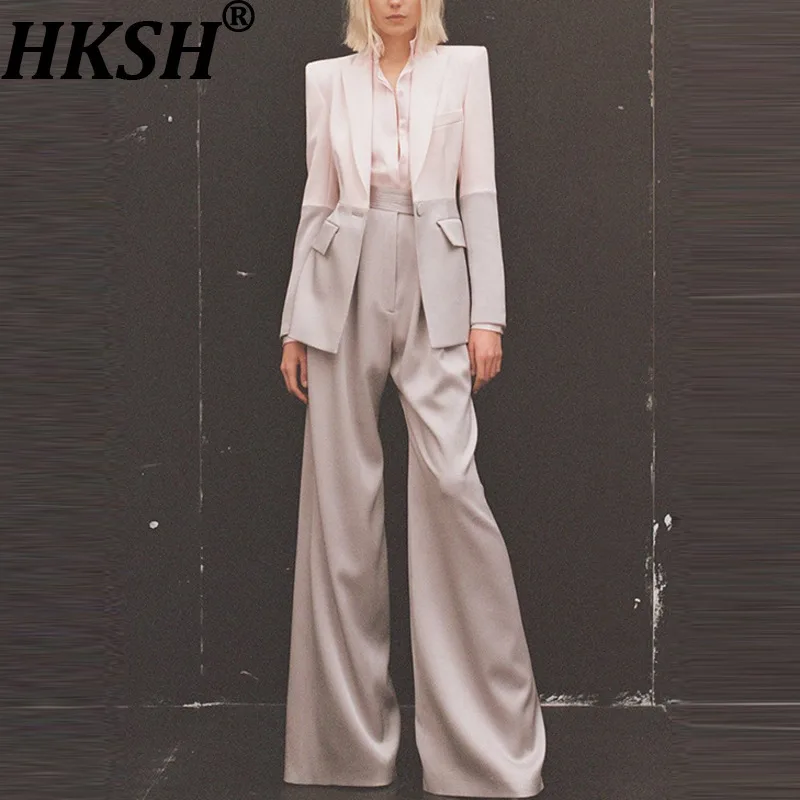 HKSH Women Office Lady Two Pieces Set Color Block Single Button Blazer Coat Flared Pants Elegant Fashion Suit New Spring HK21184