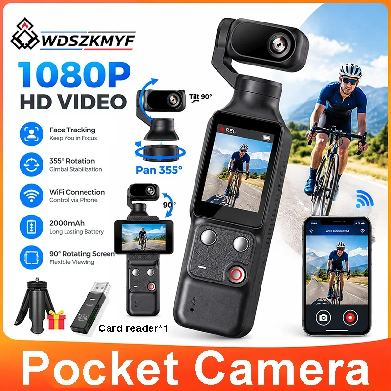 355° Gimbal Stabilizer Face Tracking, Touch Screen Action Camera 1080P, WiFi Pocket Mini Video Gimbal Camera for Skiing Vlog