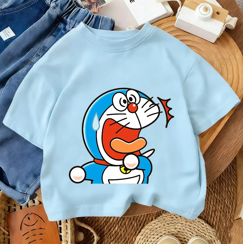 Children Casual Tee Doraemon Cute Kawaii Print 2026 Summer Boys Girls Street Fashion 3-14 Age