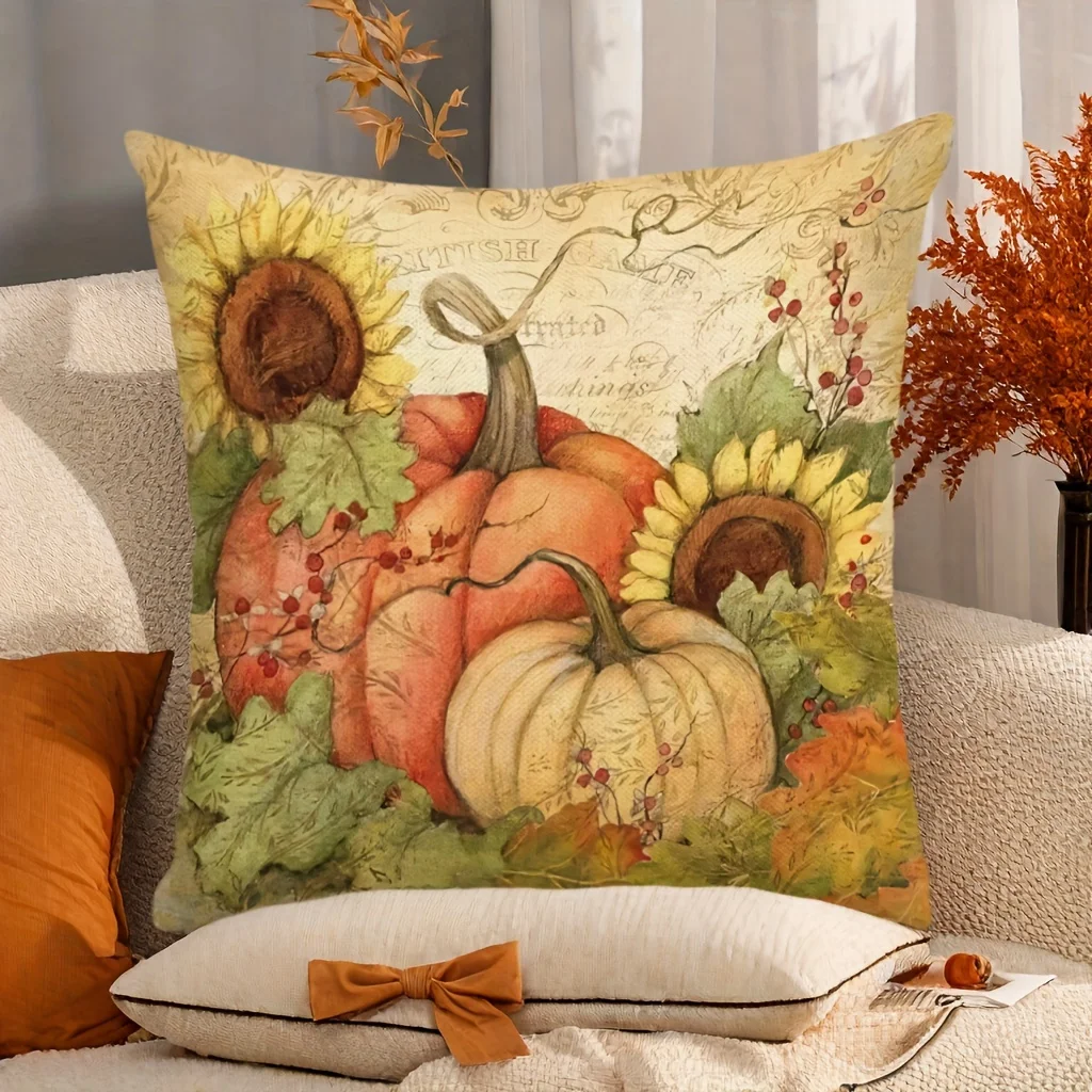 Autumn PillowcaseThanksgiving Decorative Pillowcase, Vintage Pumpkin Sunflower Berry Pillowcase Autumn