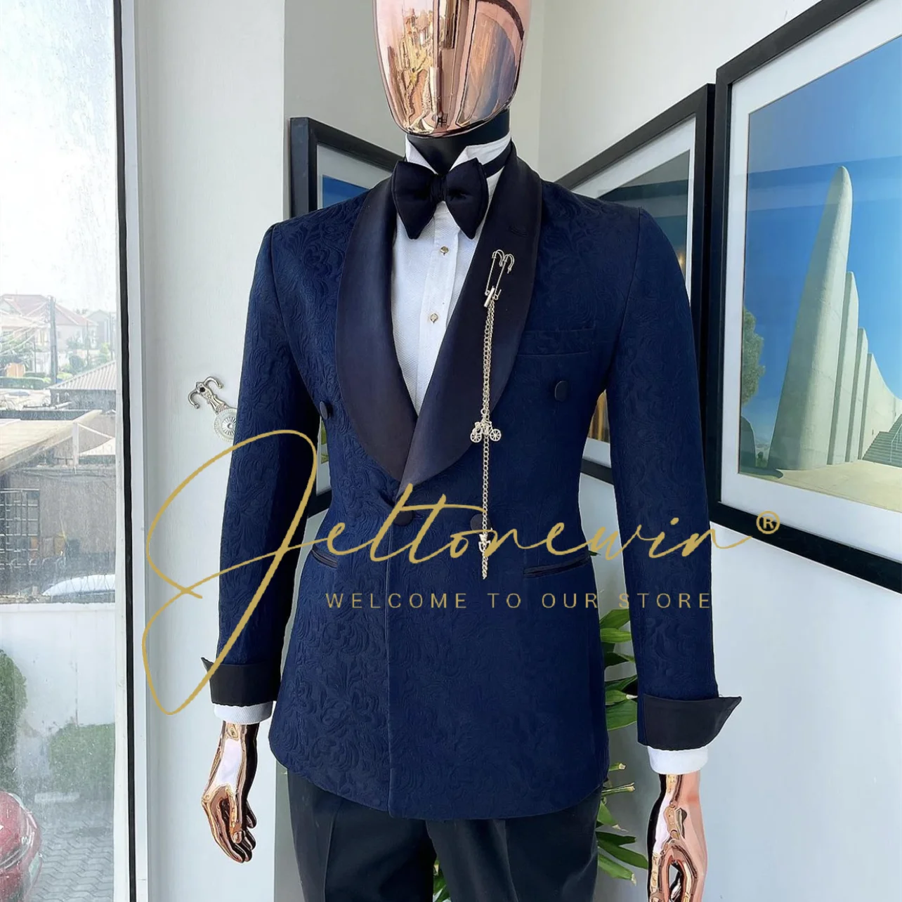 

Fashion Blue Jacquard Wedding Mens Suits Groom Tuxedo Double Breasted Banquet Prom Blazer 2 Piece Set Groomsmen Costume Homme