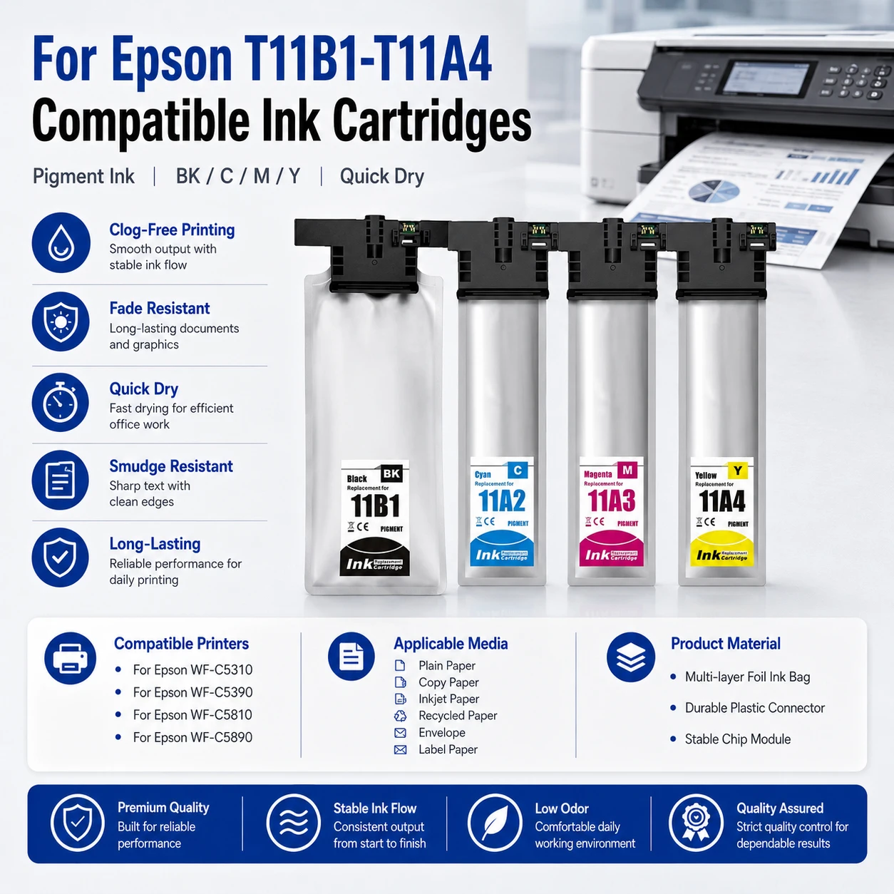 1Set T11B1 T11A2 T11A3 T11A4 Ink Cartridge For Epson WF-C5310 WF-C5390 WF-C5810 WF-C5890 Printer Ink Bag with Chip Latin America
