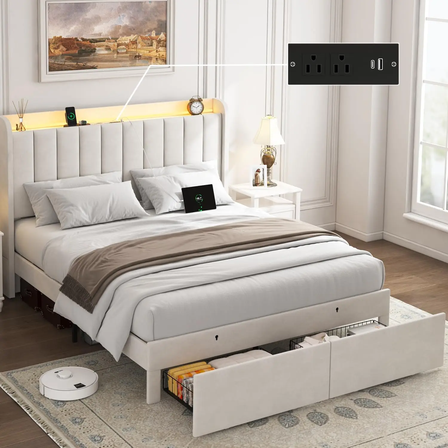 Large bed frame with drawers and LED lights, cushioned platform bed frame with charging station, wooden support, beige color